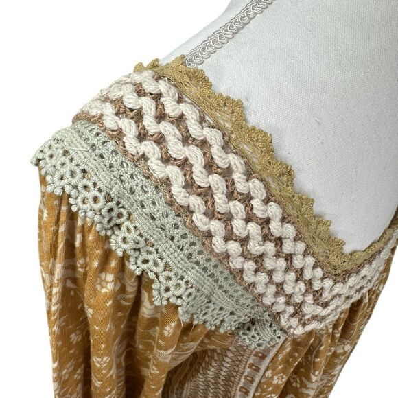 Rachel Zoe Tunic Boho Yellow Mustard Embroidery Balloon Sleeve Cotton Size L - Picture 8 of 11